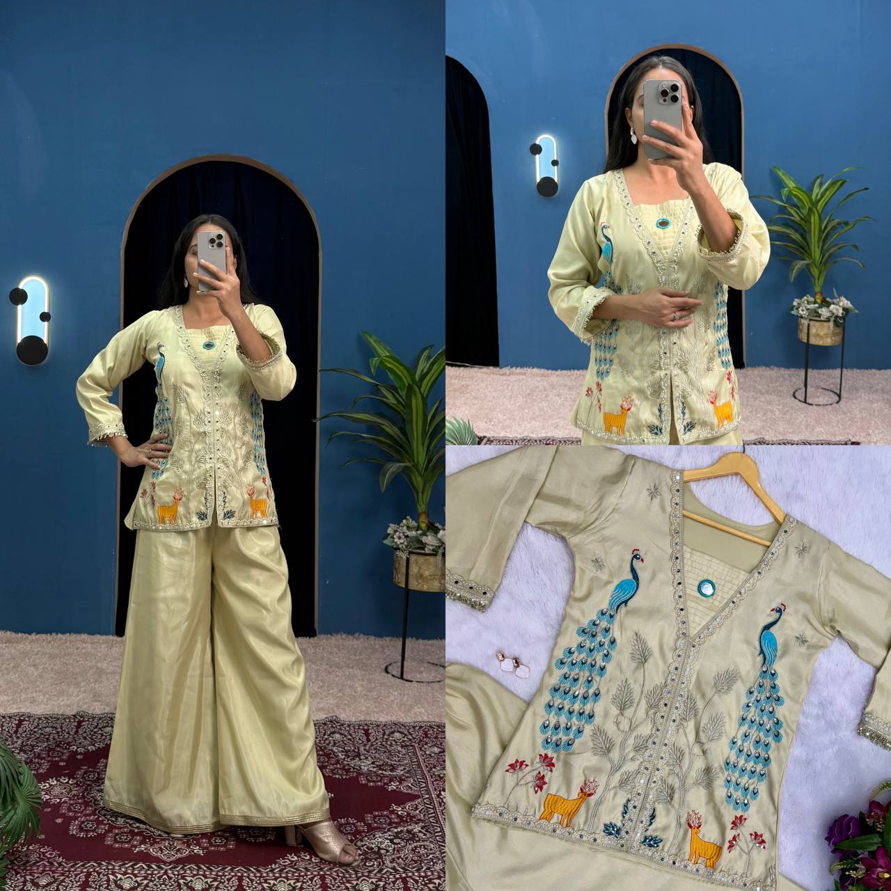 Superhit Trending Cream Color Full Embroidery With Mirror Work Co-Ord Palazzo Set
