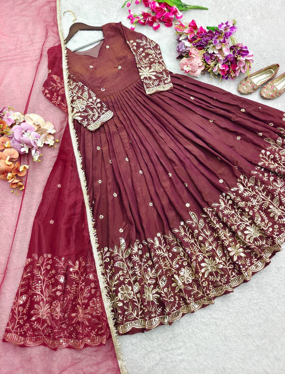Sangeet Wear Brown Color Sequence Embroidered Anarkali Gown With Dupatta