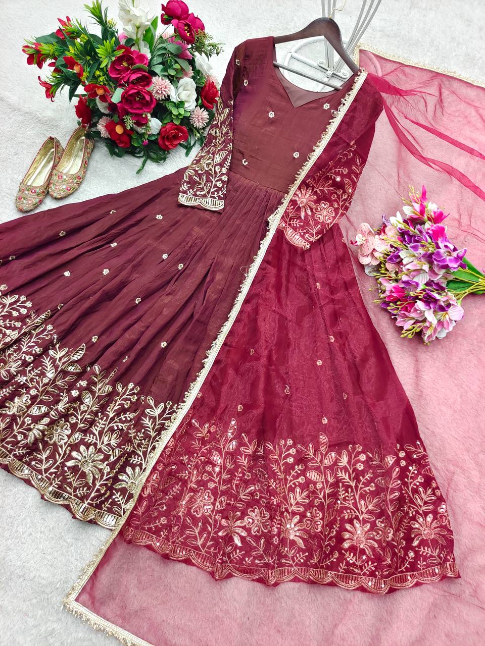 Luxuriant Maroon Color Sequence Embroidered Anarkali Gown With Dupatta