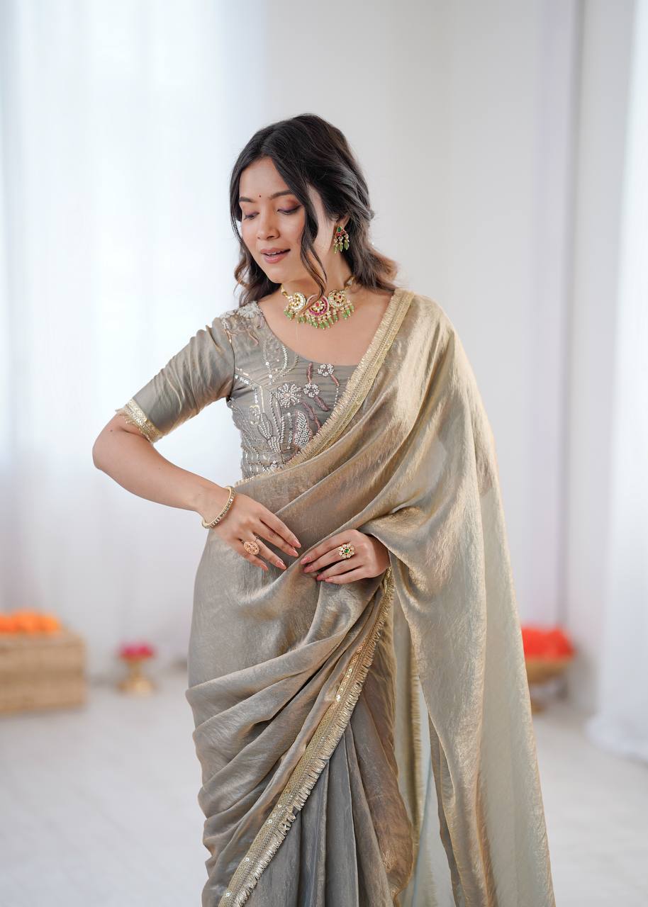 Arti Chauhan Wear Beige Color Heavy Fendy Silk Saree With Blouse