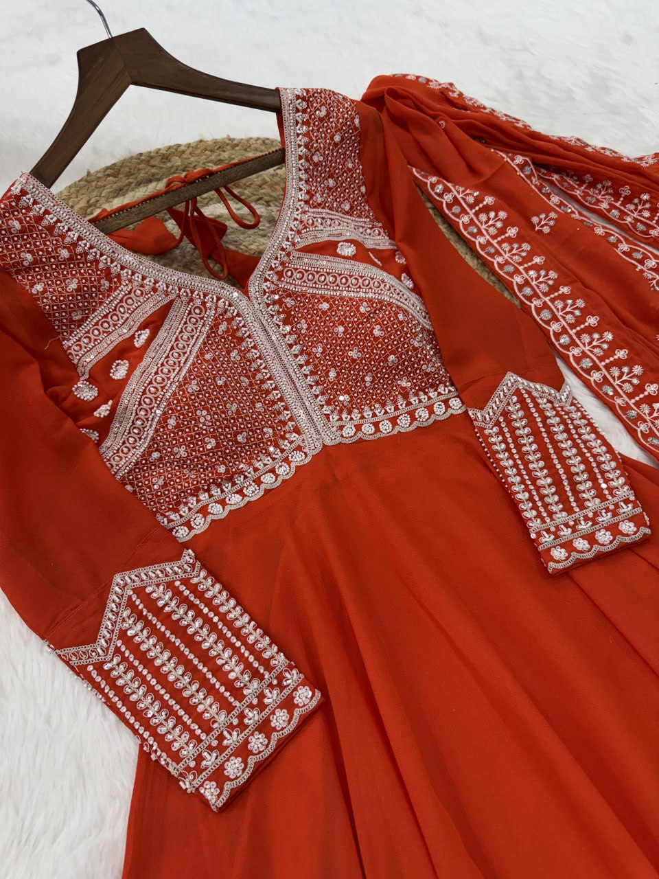 Beautiful Orange Color Sequence Embroidered Desinger Gown With Dupatta