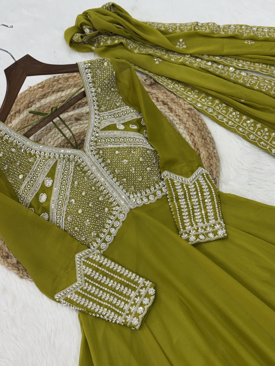 Fashionable Green Color Sequin Embroidered Desinger Gown With Dupatta