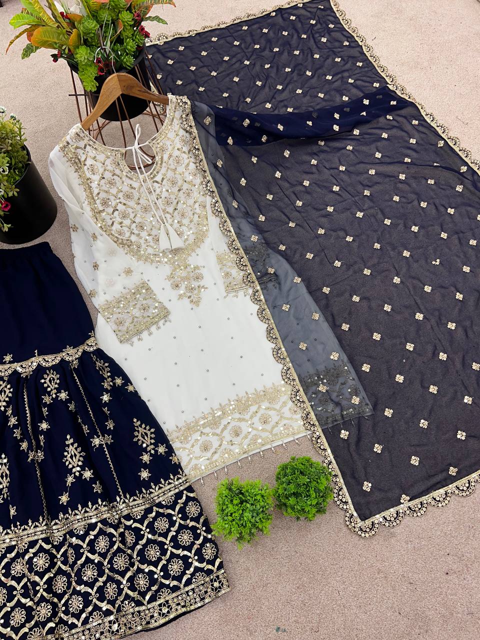 Festive Wear Navy Color Faux Georgette With Embroidery Sequence Work Sharara Suit