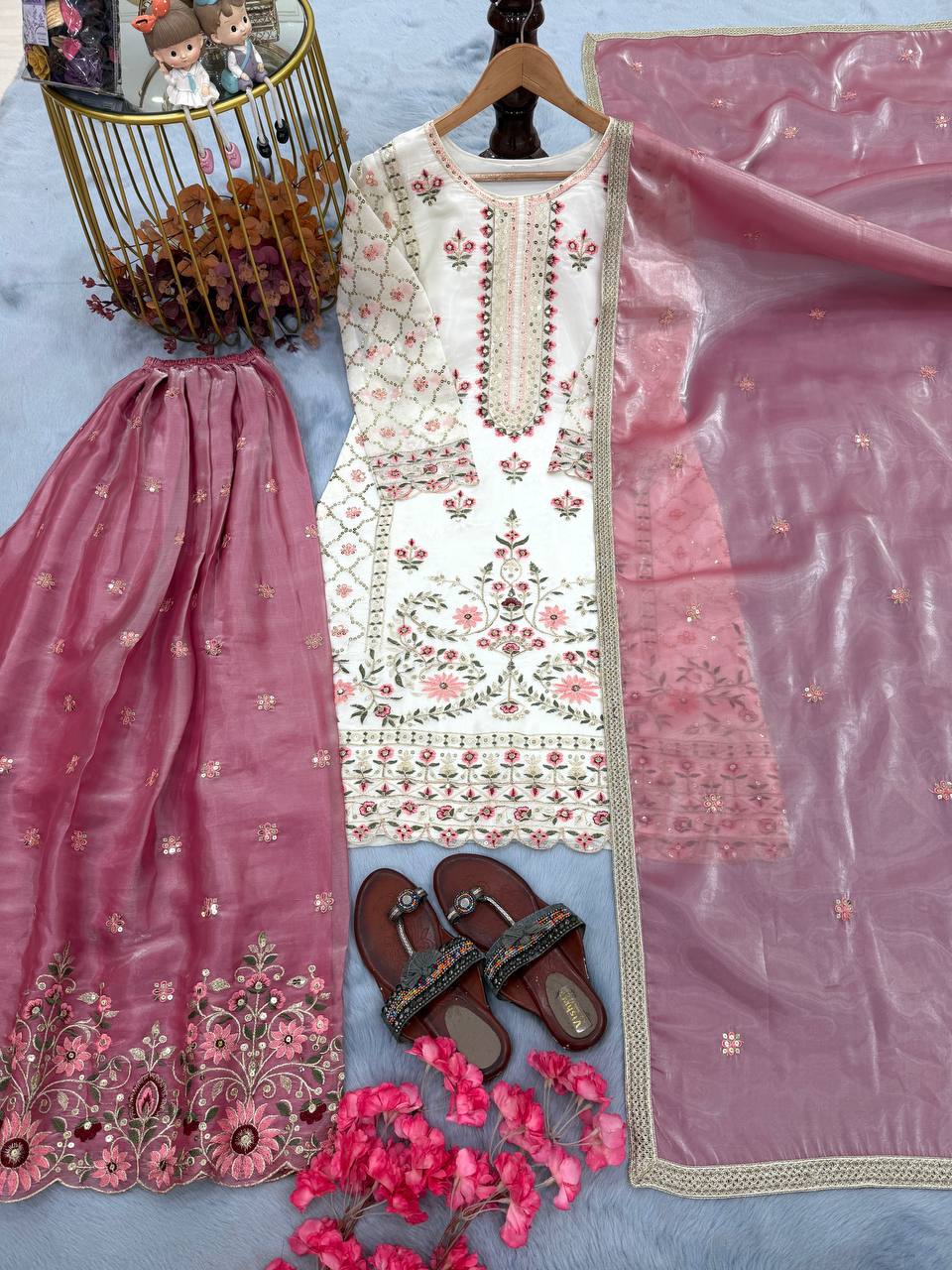 Designer Peach Color Silk Embroidered Wedding Wear Palazzo Suit Set