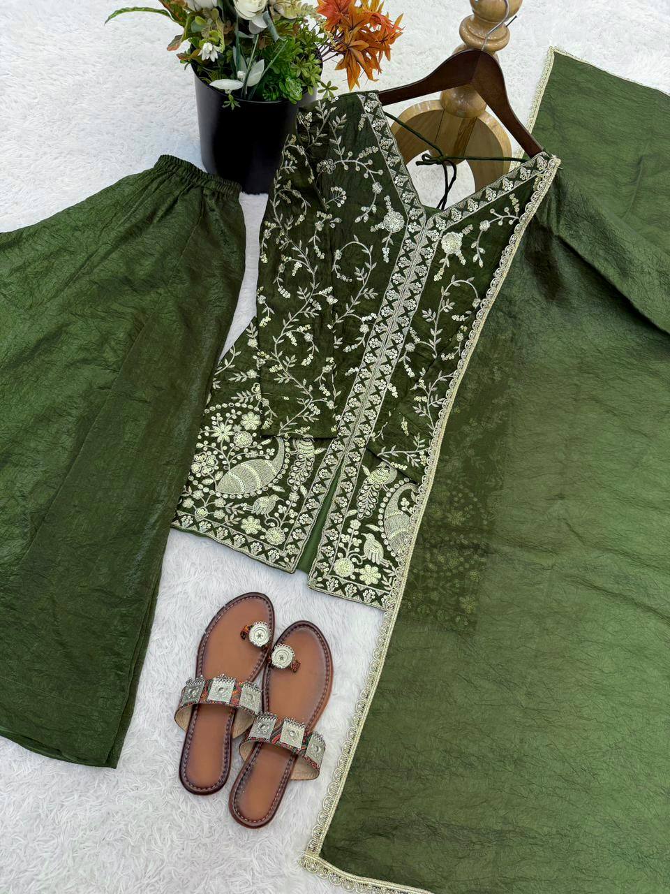Presenting Green Color Pure Fendy Silk Palazzo Suit With Dupatta