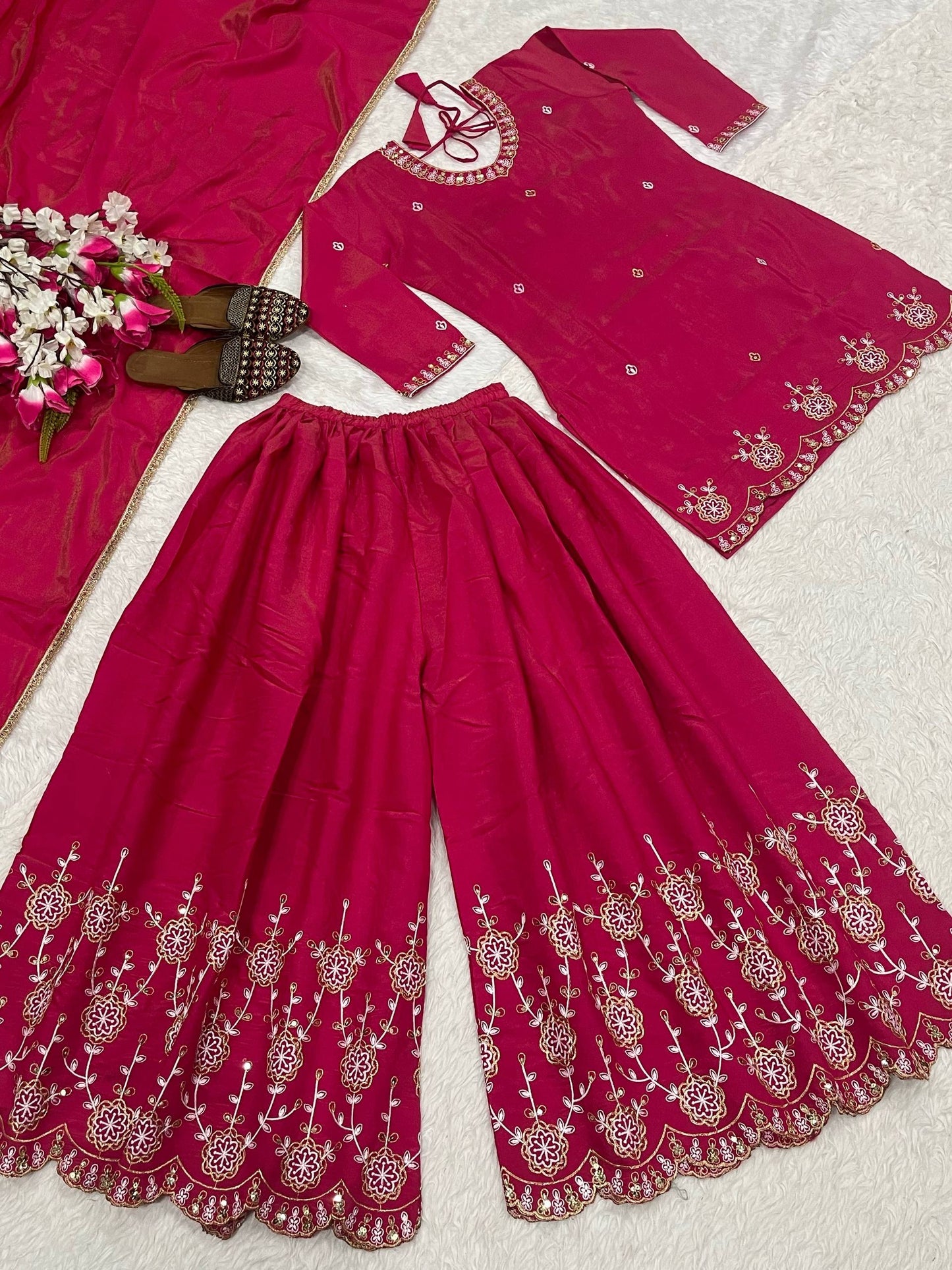 Admiring Pink Color Sequence Embroidered Palazzo Suit With Dupatta