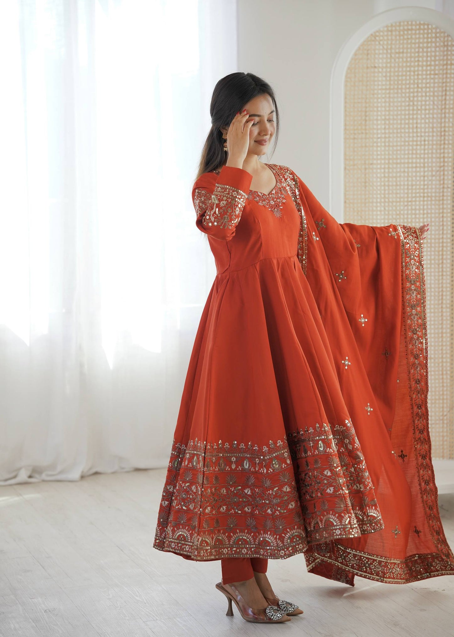 Arti Chauhan Wear Orange Color Sequence Embroidered Anarkali Suit With Dupatta