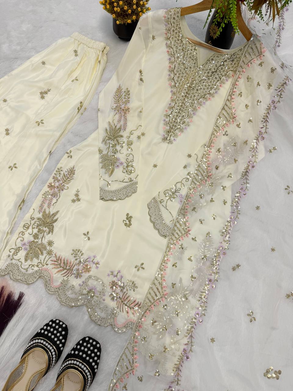 Party Wear Off White Color Sequence Embroidered Sharara Suit With Dupatta