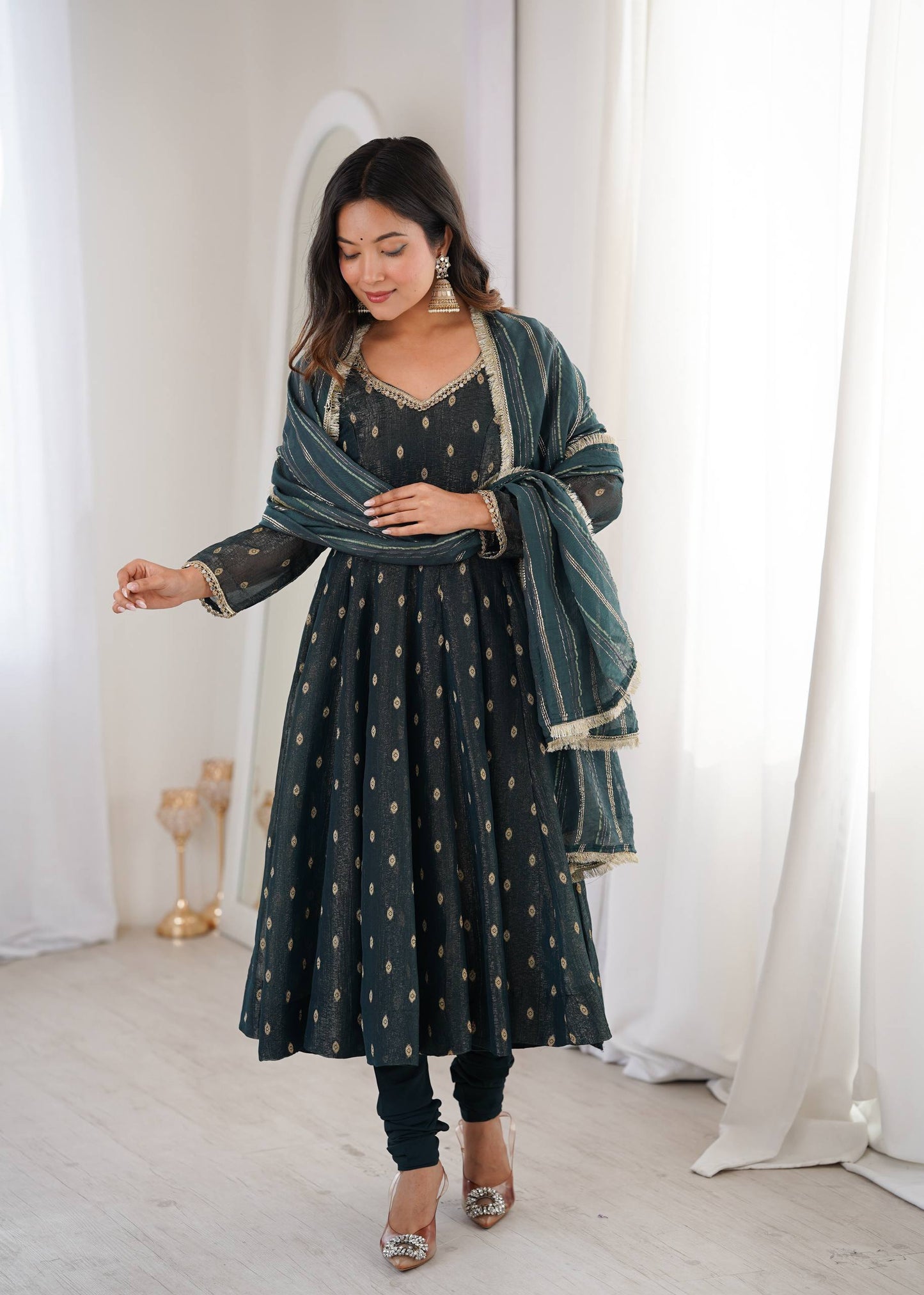 Arti Chauhan Wear Grey Color Heavy Crunchy Silk Anarkali Gown with Dupatta
