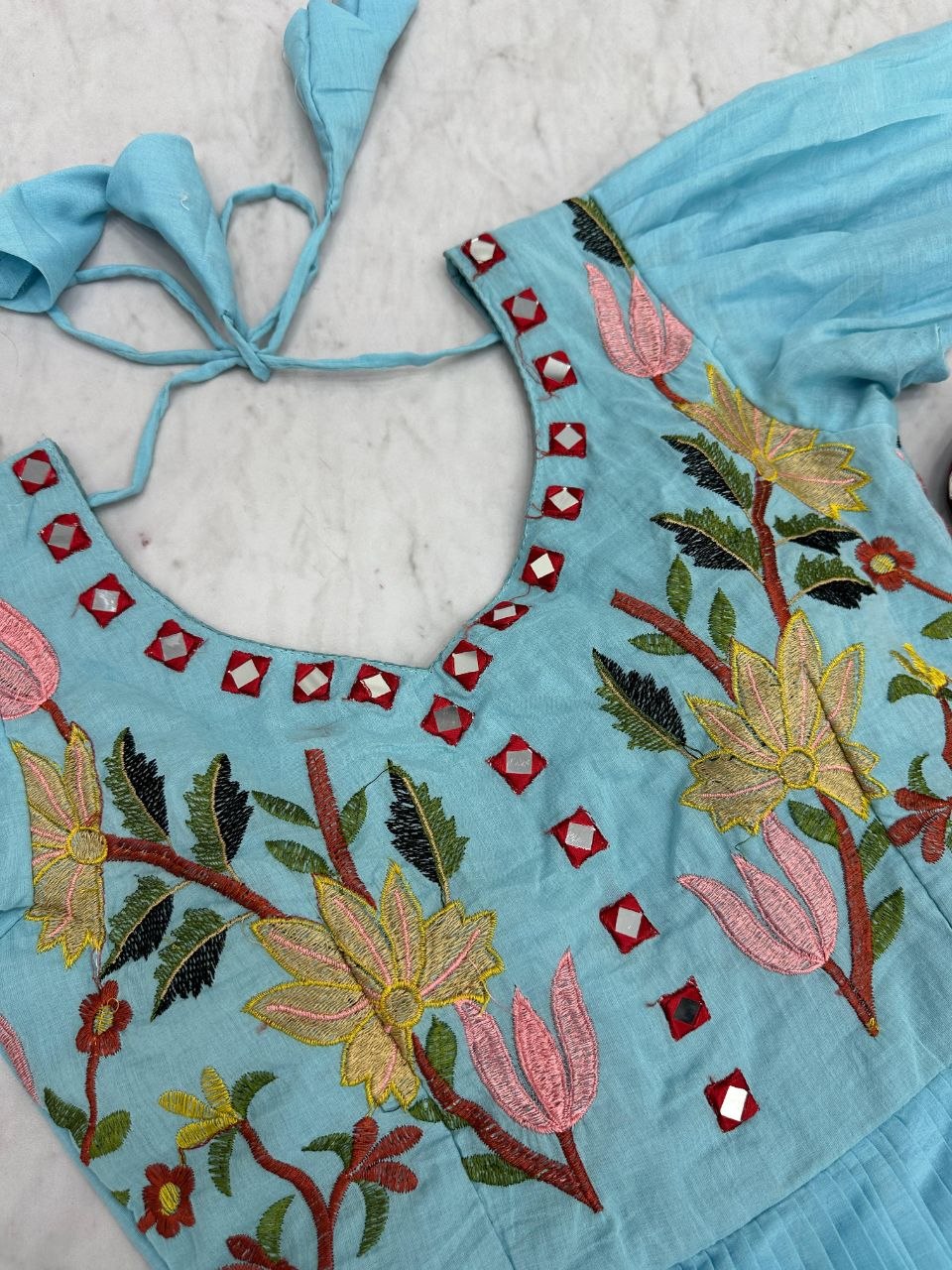 Fabulous Sky Blue Color Embroidered Hand Mirror Work Gown