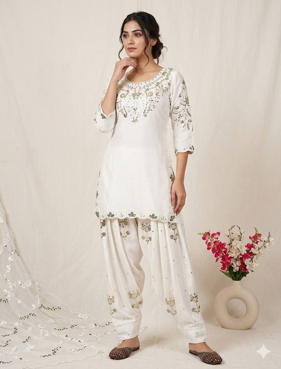 Occasion Wear White Color Sequence Embroidered Farshi Suit With Dupatta