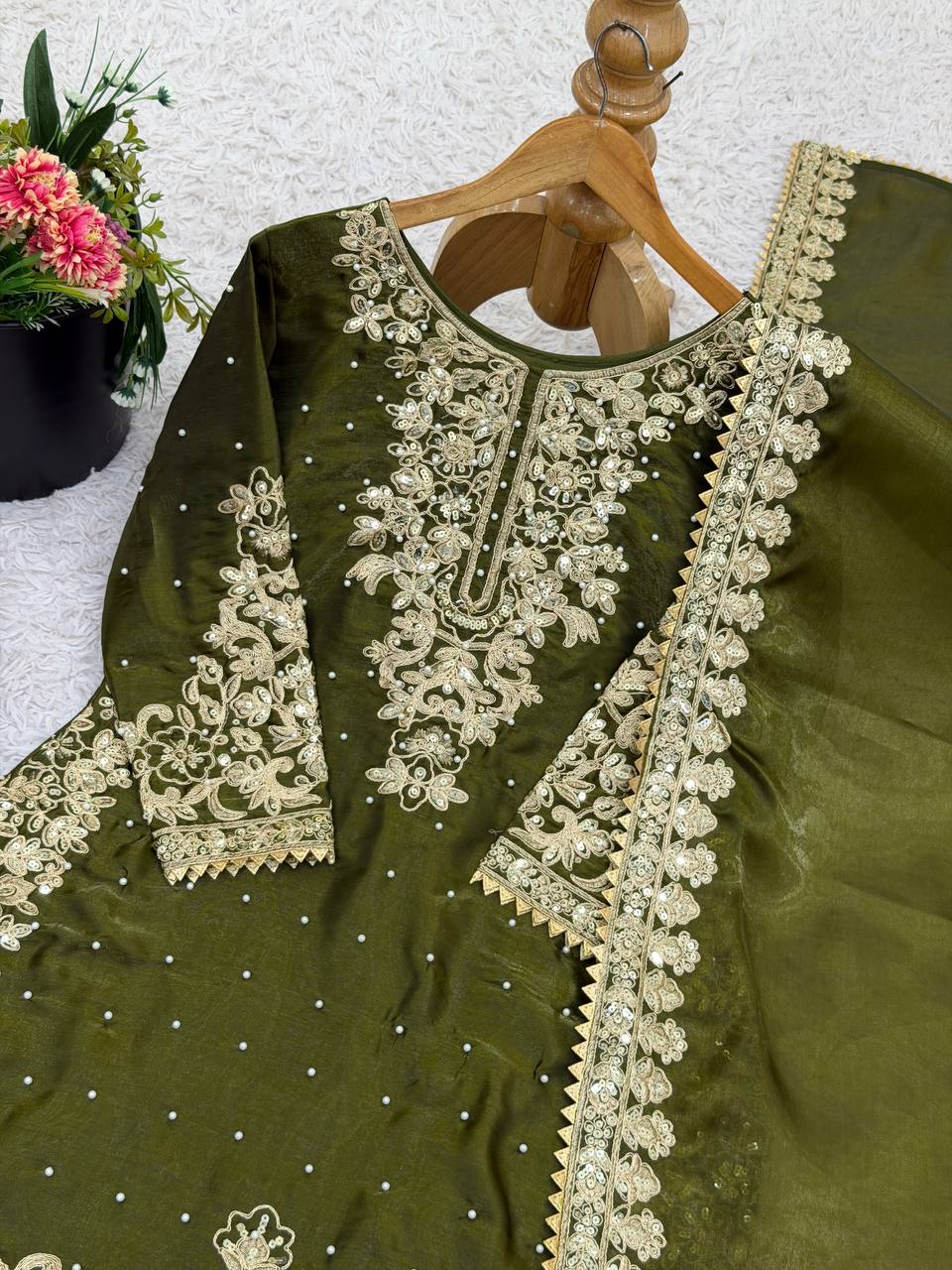 Graceful Green Color Sequence Work Silk Palazzo Suit With Dupatta