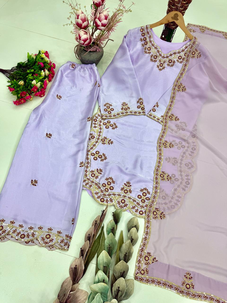Trendy Purple Color Sequence Embroidered Palazoo Suit With Dupatta