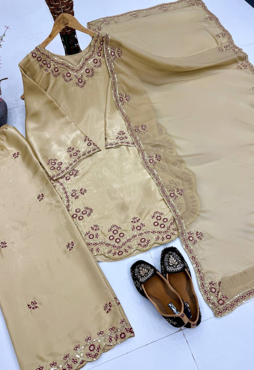 Wedding Wear Cream Color Sequence Embroidered Palazoo Suit With Dupatta