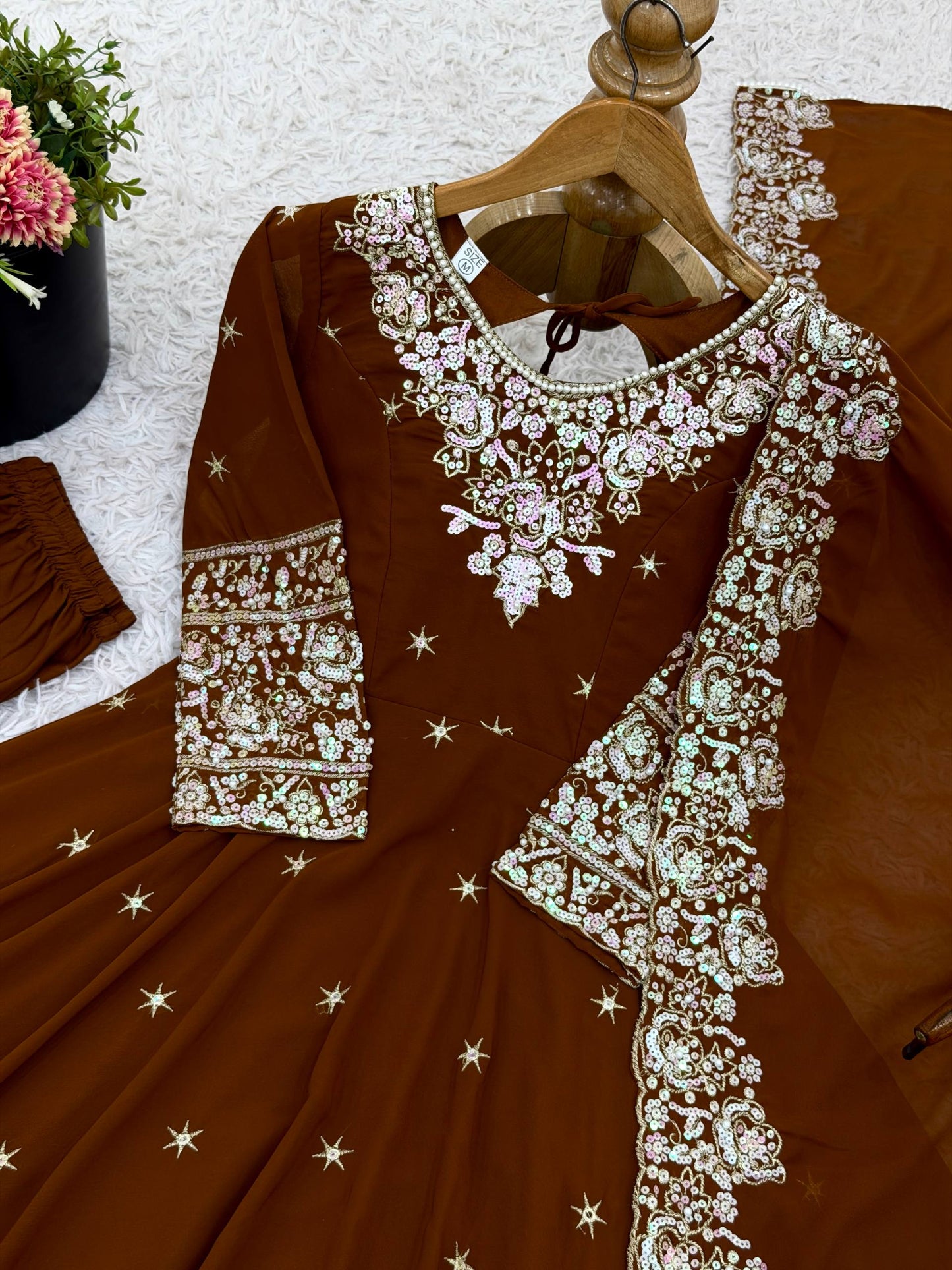 Wedding Wear Brown Color Rainbow Sequence Anarkali Gown With Dupatta