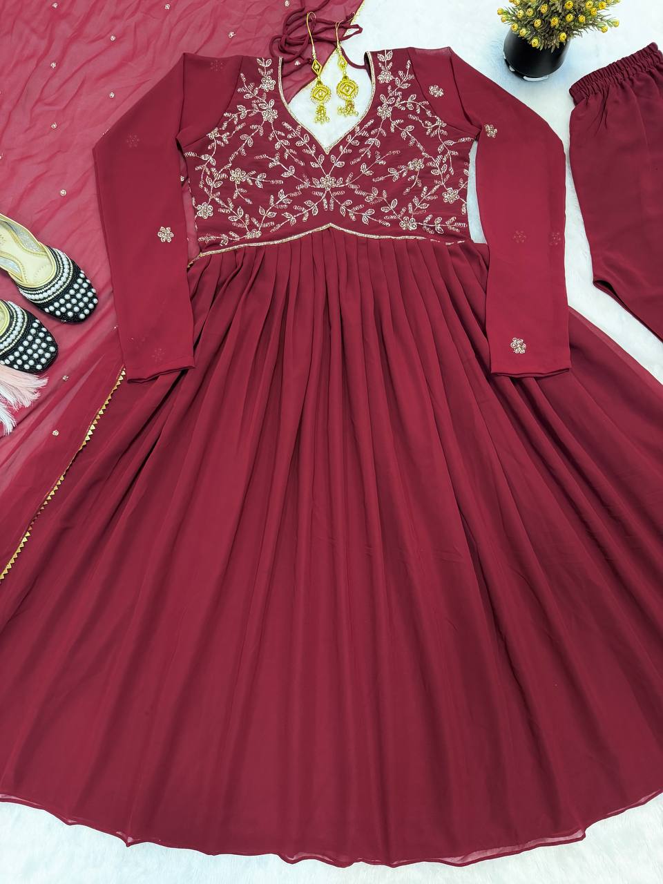 Arti Chauhan Wear Maroon Color Faux Geotgette Anarkali Suit With Dupatta