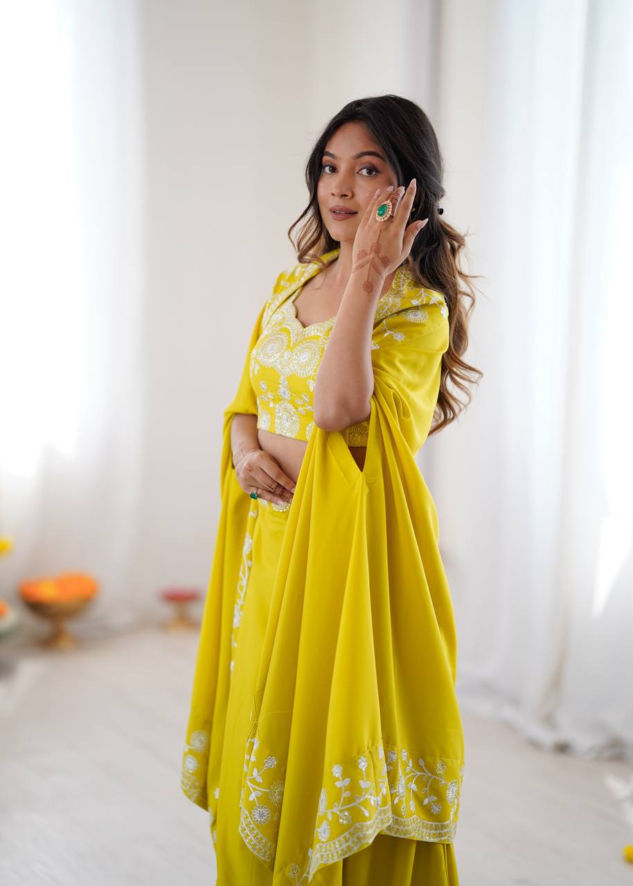 Classic Yellow Color Sequence Embroidered Lehenga With shrug