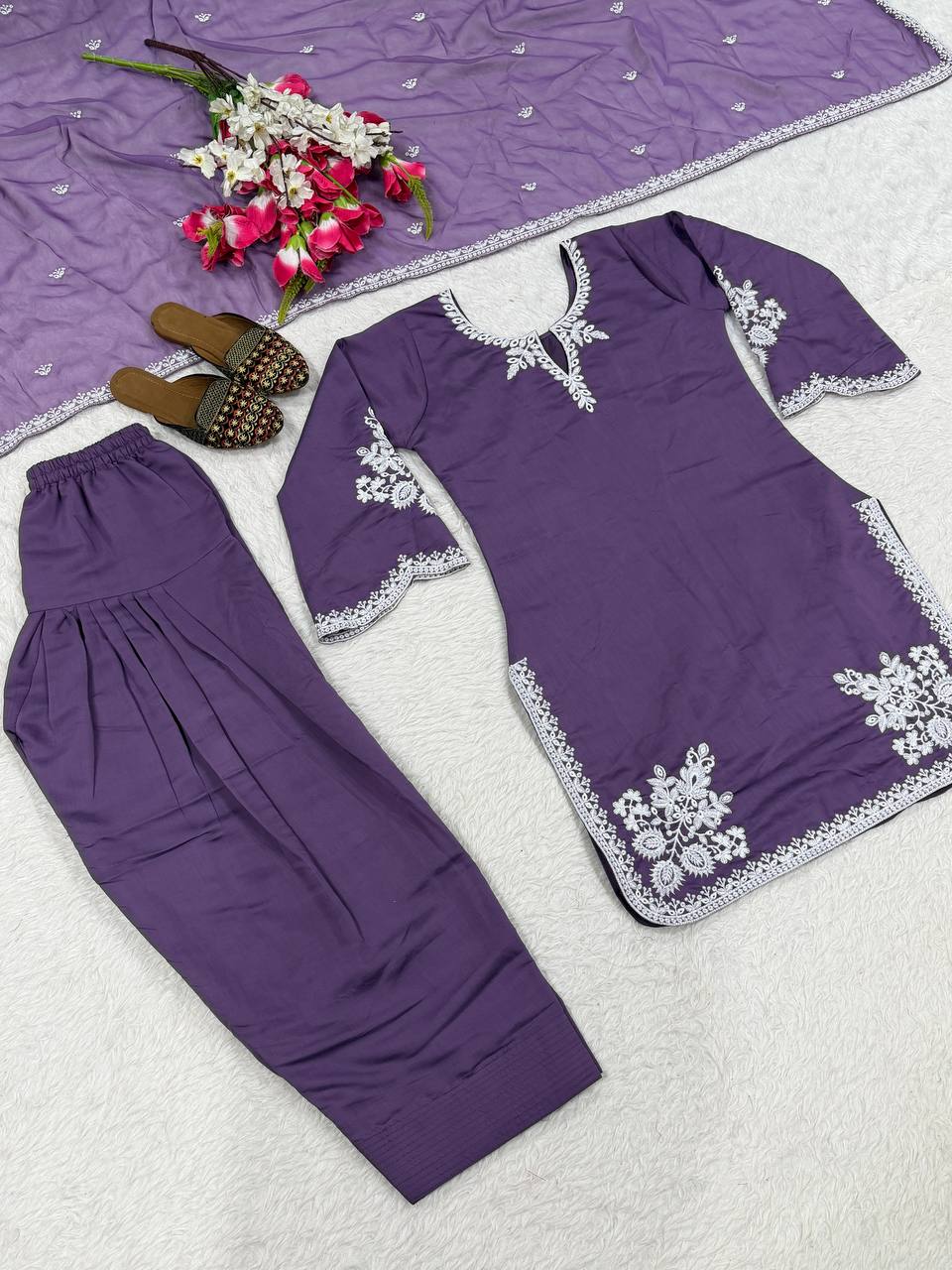 Fancy Purple Color Embroidred Farsi Suit With Dupatta