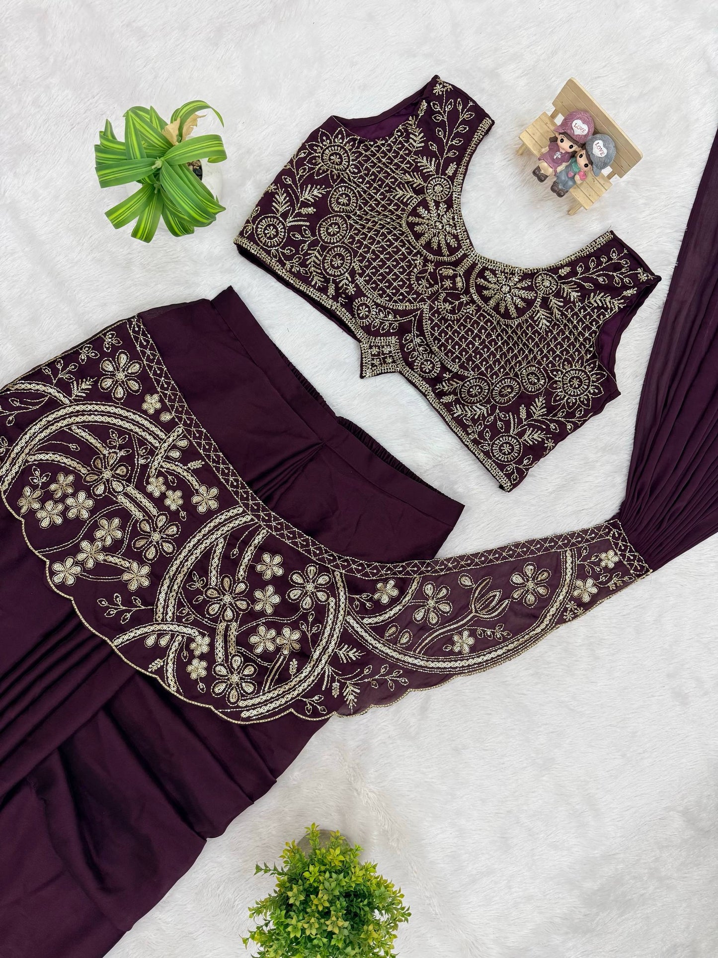 Wedding Wear Purple Color Thread Work Rangoli Silk Lehenga Saree