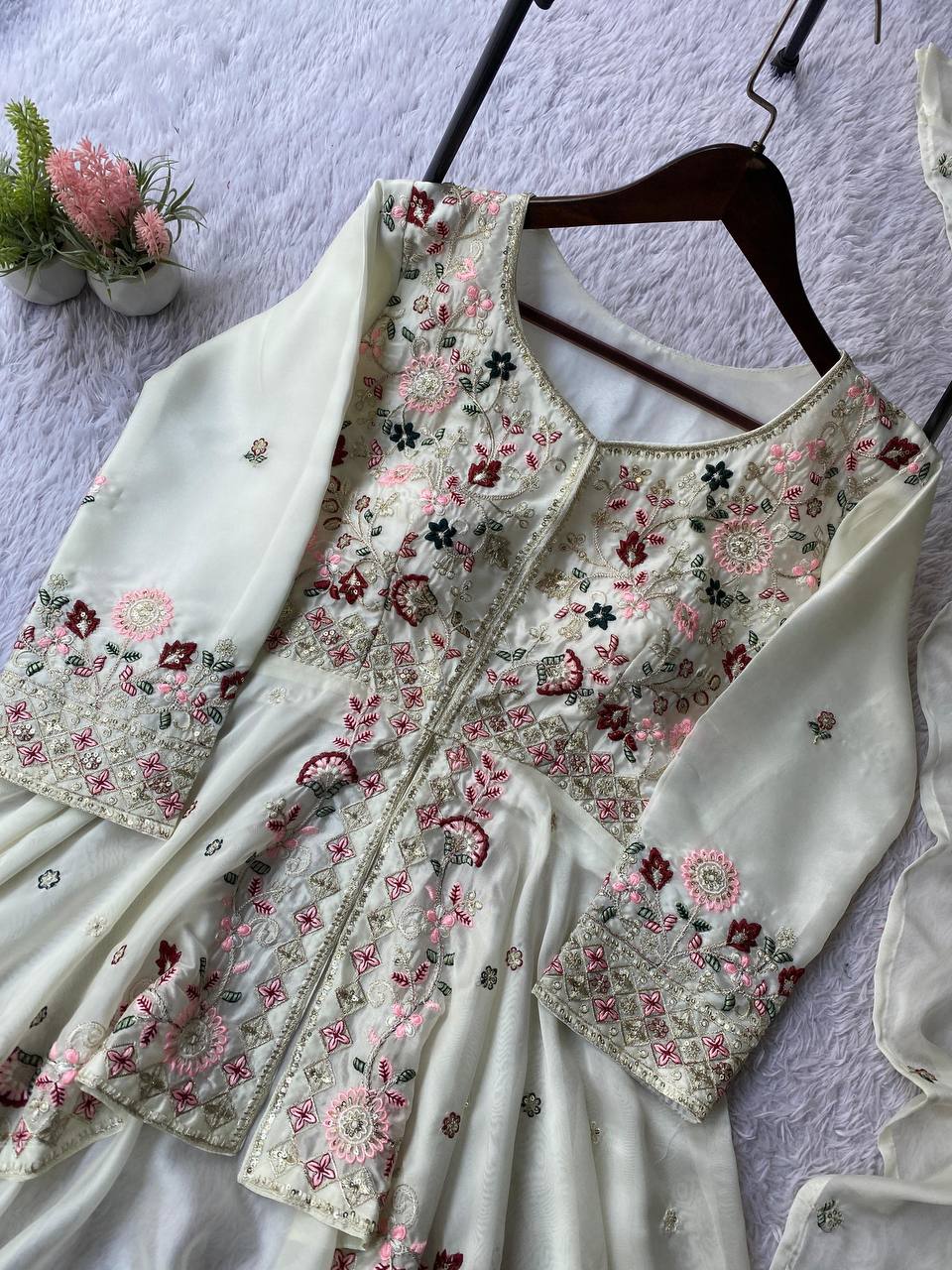 Exclusive Wedding White Color Rangoli Silk Palazzo Set