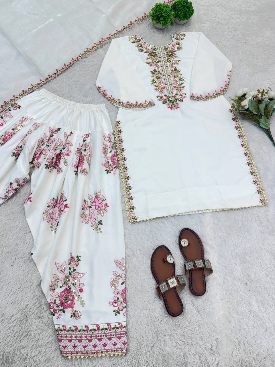 Lovely White Color Embroidered Farshi Suit With Dupatta