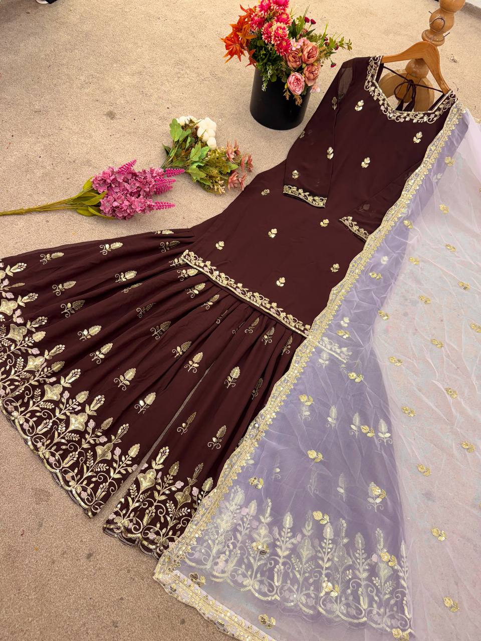Reception Wear Brown Color Heavy Faux Georgette With Embroidery Sequin Work Palazzo Sharara Suit