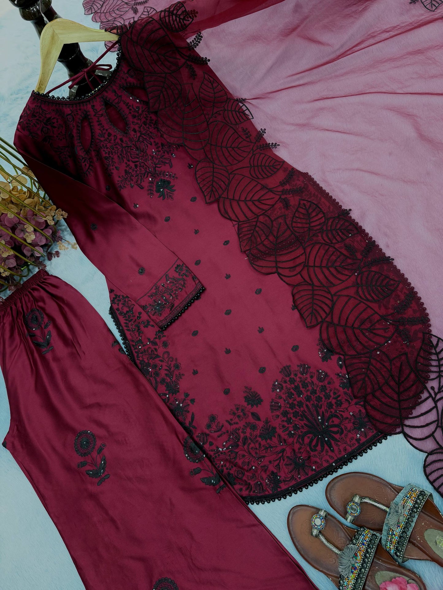 Celebrity Style Maroon Color Sequnece Embroidered Palazoo Suit With Dupatta