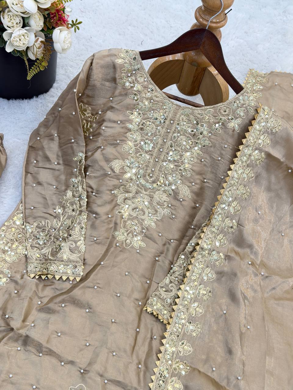 Arti Chauhan Wear Beige Color Moti Embroidered Palazzo Suit With Dupatta