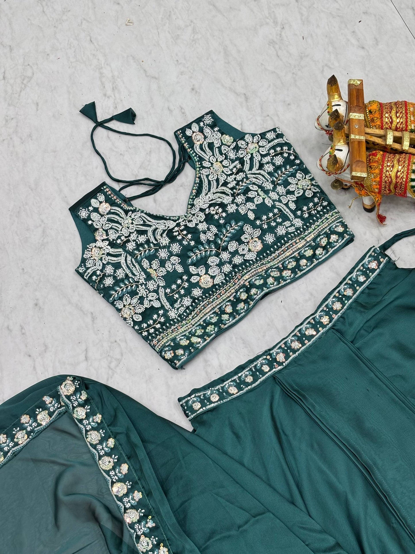 Glimmering Blue Color Embroidery With Moti Work Lehenga With Shrug