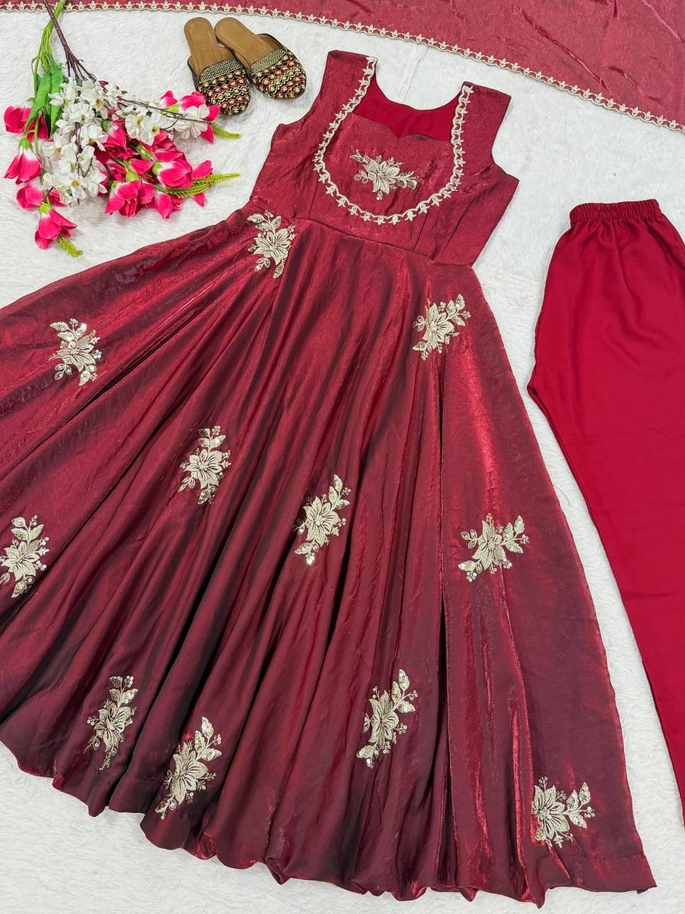 Celebrity Style Maroon Color Heavy Fendy Silk Anarkali Gown