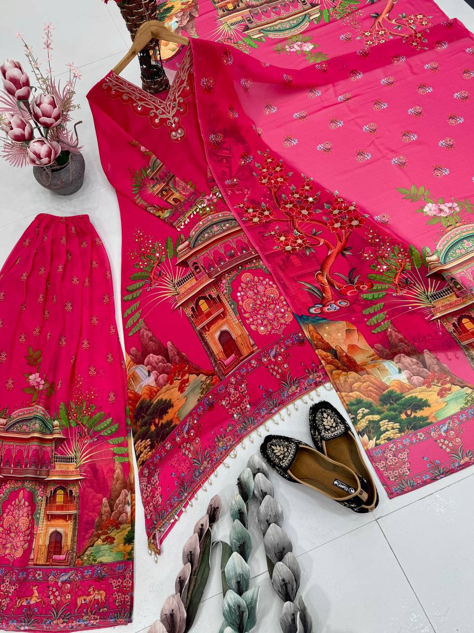 Party Wear Pink Color Heavy Faux Georgette Digital Printed With Real Mirror Work Palazzo Suit