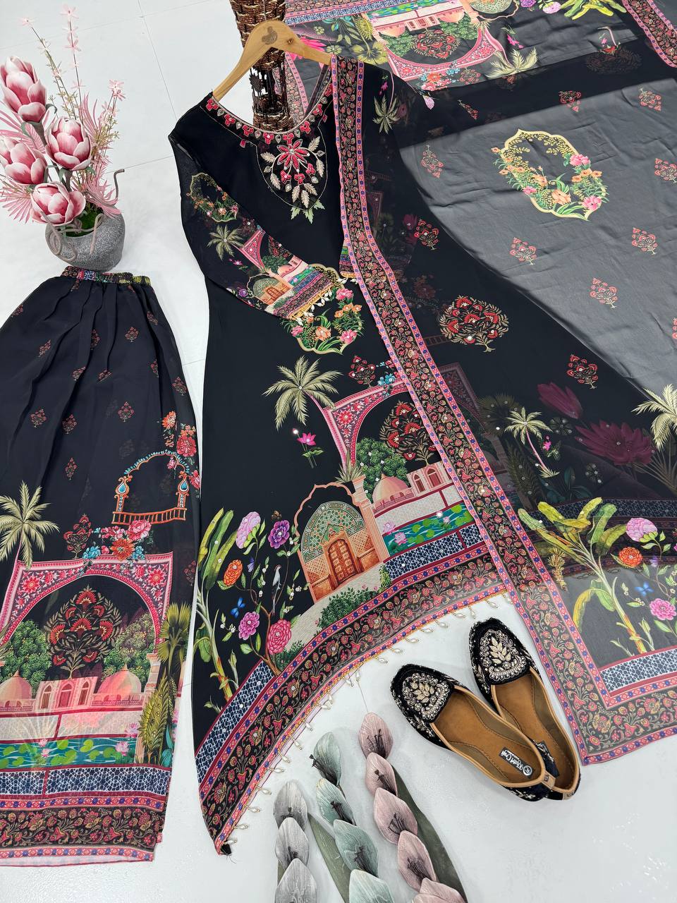 Wedding Wear Black Color Heavy Faux Georgette Digital Printed With Real Mirror Work Palazzo Suit