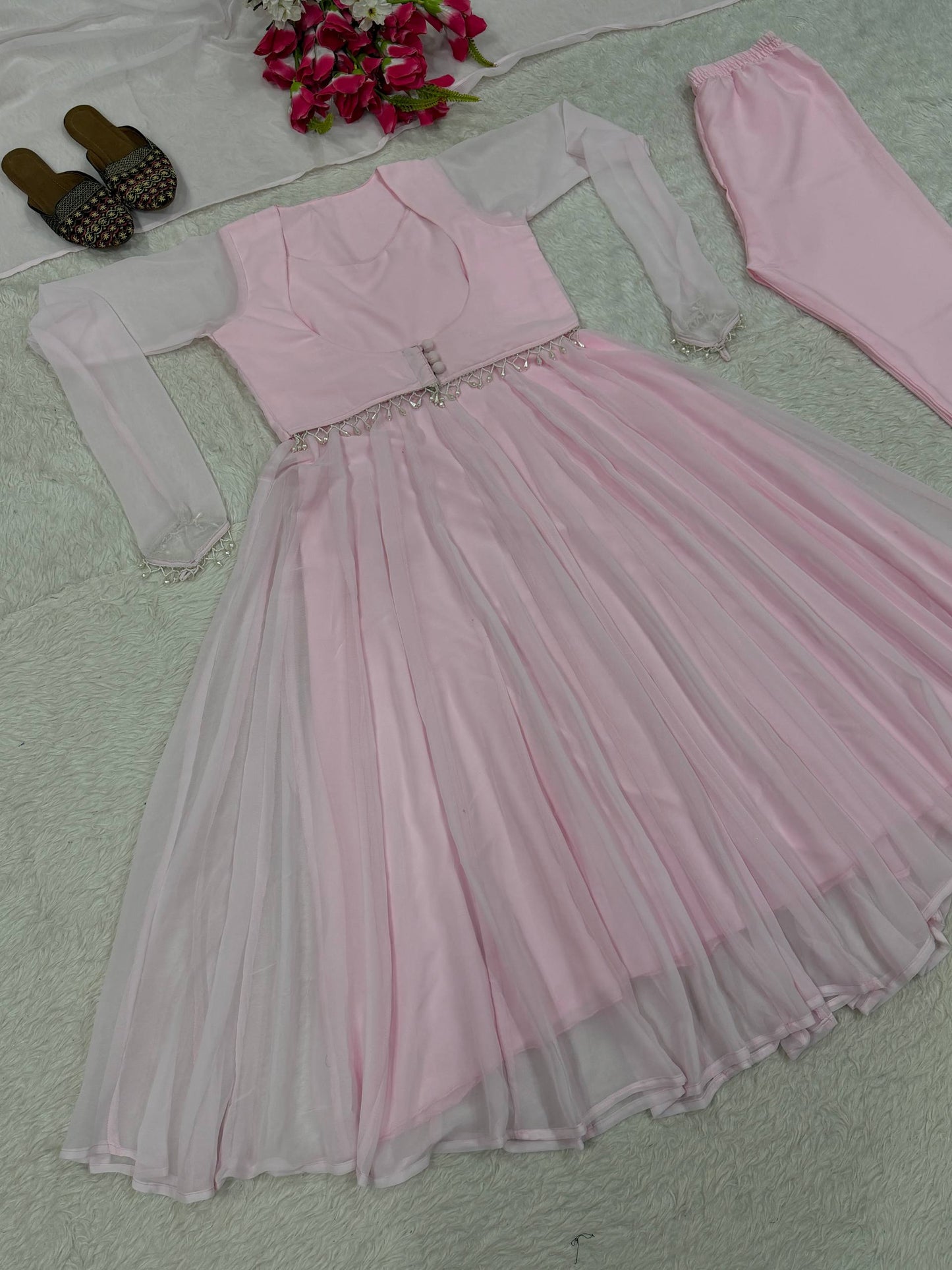 Fashionable Pink Color Pure Faux Georgette Maxi Anarkali Suit
