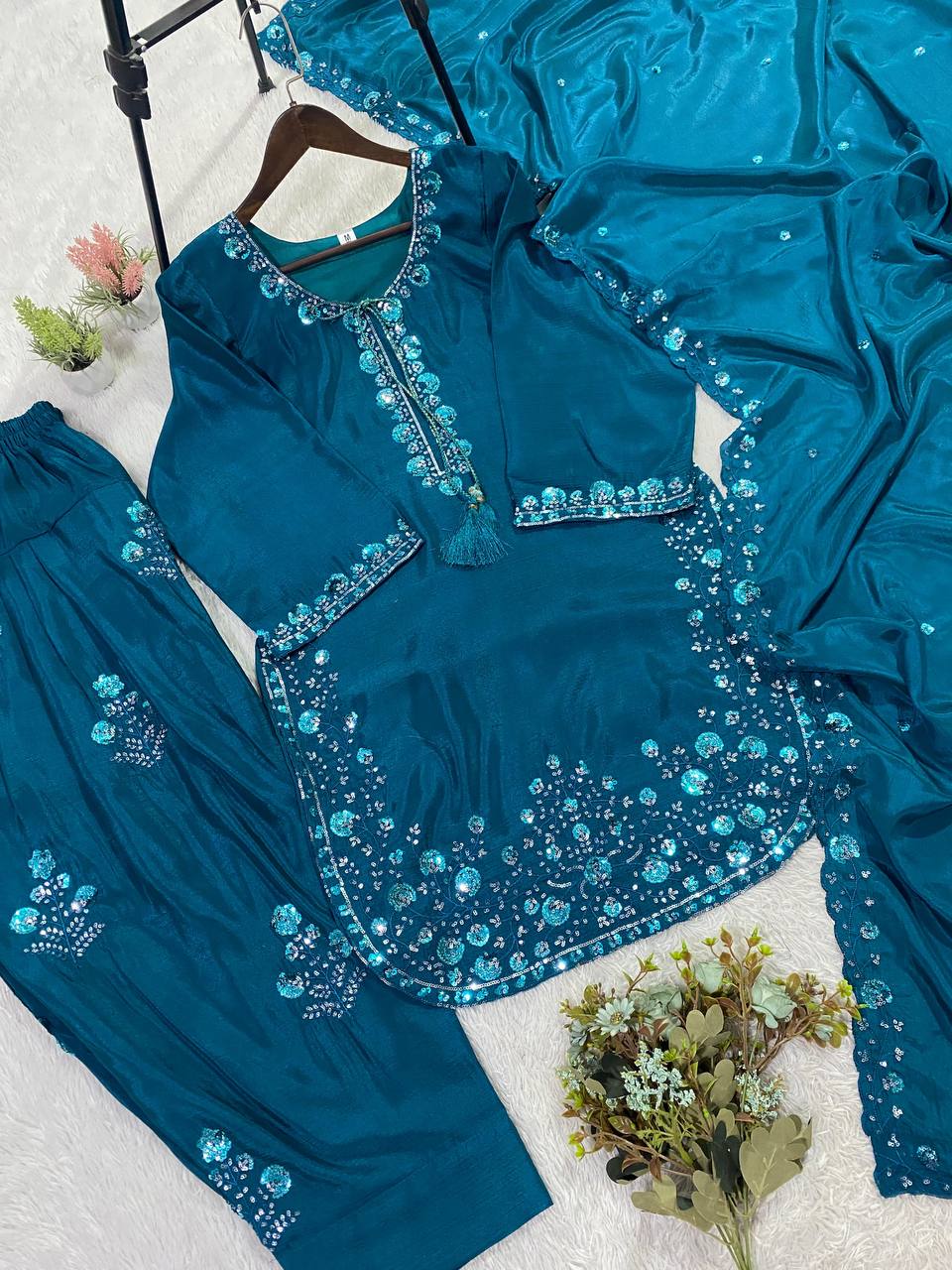 Gorgeous Wedding Wear Sky Blue Color Chinon Farshi Suit