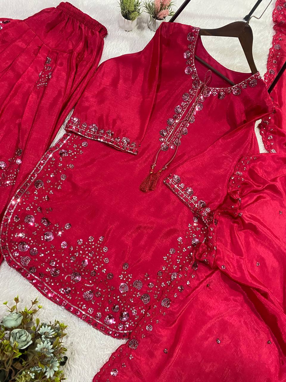 Marvelous Pink Color Embroidery Work Chinon Farshi Suit