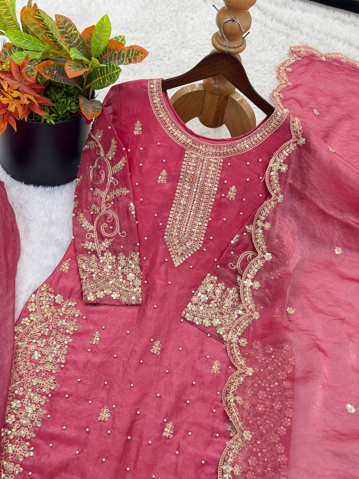 Elegant Pink Color Fendy Silk Sequin Work Sharara Suit With Dupatta