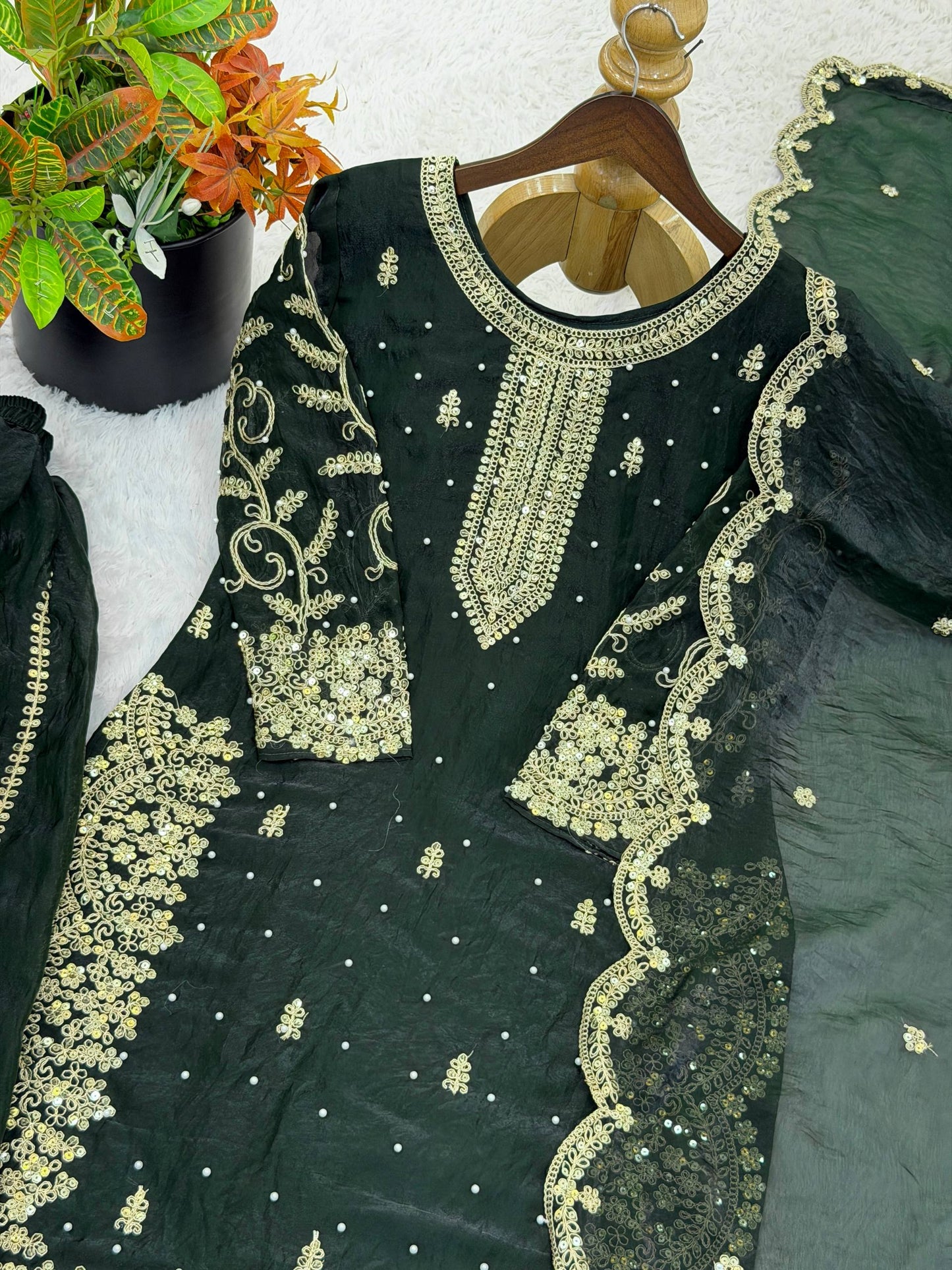 Party Wear Green Color Fendy Silk Sequin Work Sharara Suit