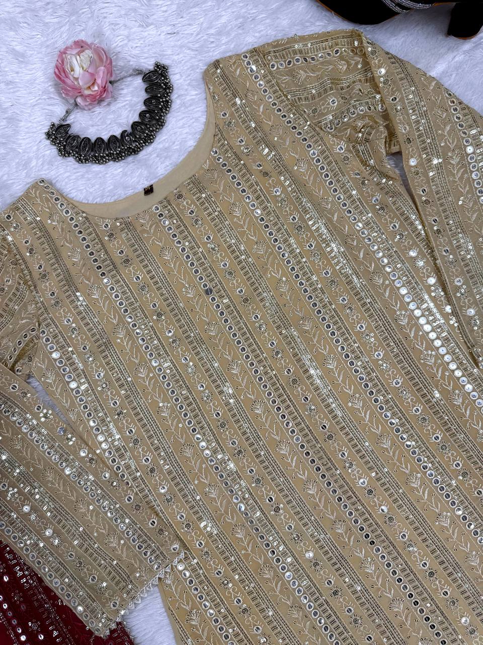 Designer Cream Color Faux Georgette With Thread Embroidery Work Salwar Suit