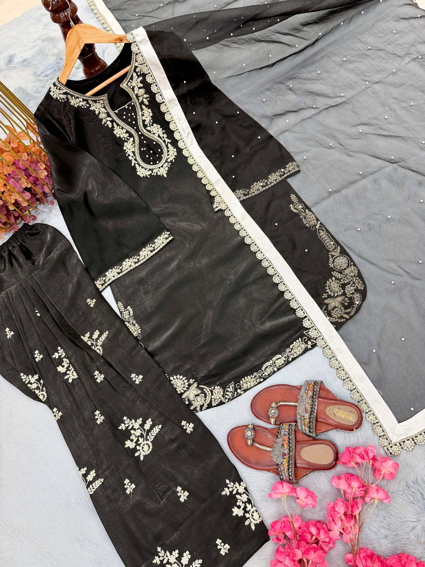 Bollywood Style Black Color Rivet Moti Work Silk Farshi Suit