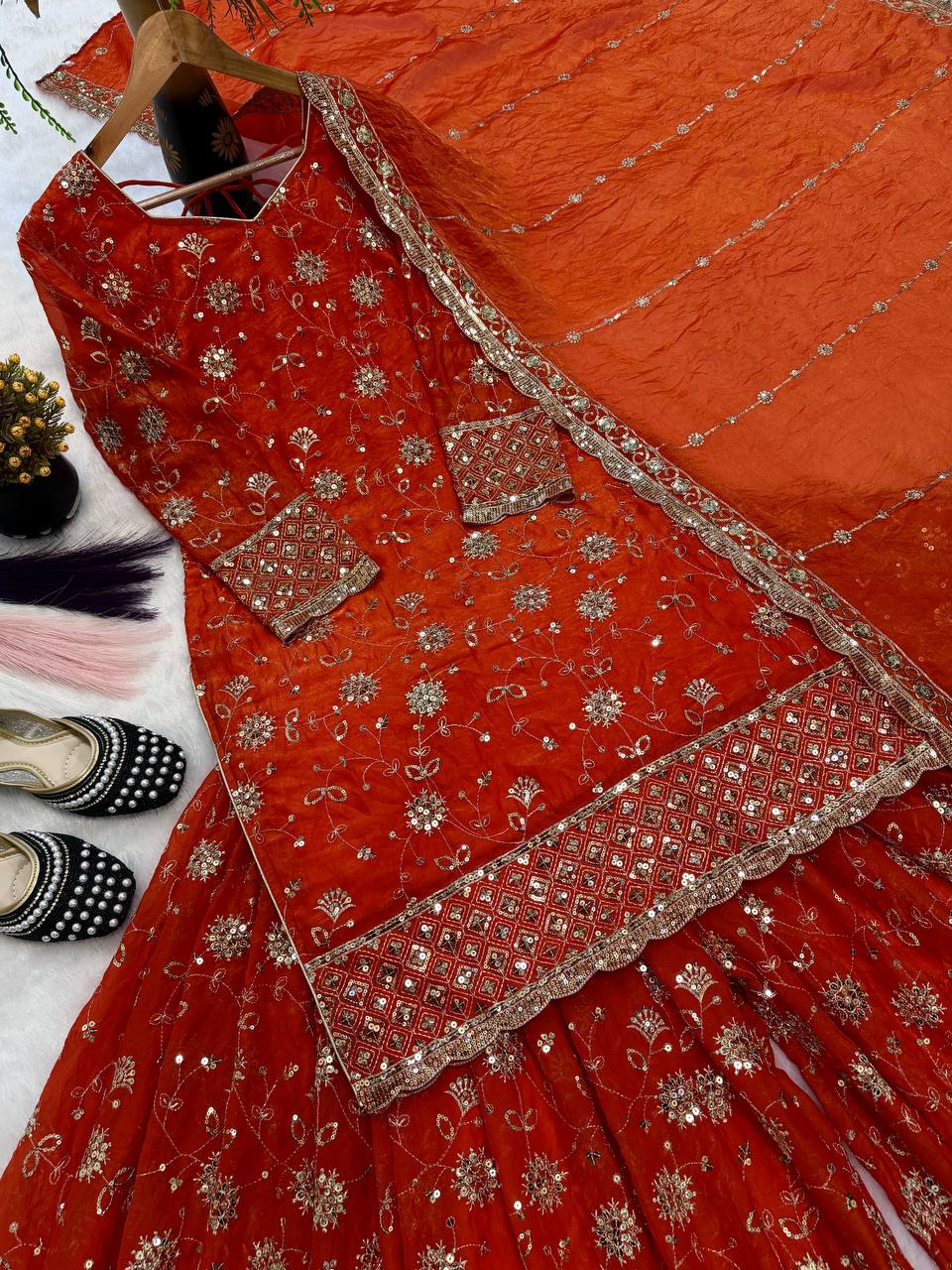 Engagement Wear Orange Color Sequence Embroidered Palazzo Set