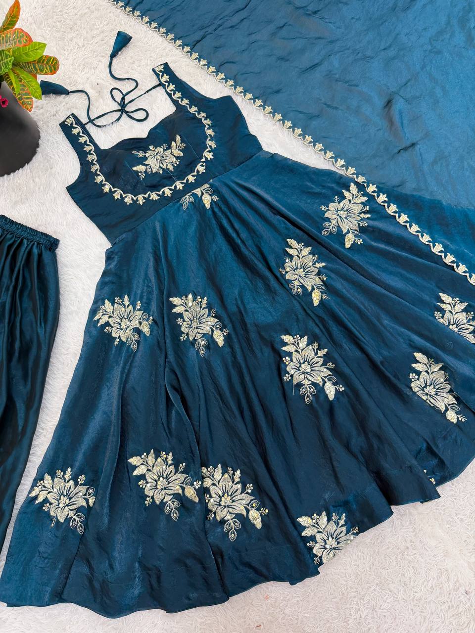 Wedding Wear Navy Blue Color Embroidery Anarkali Gown With Dupatta