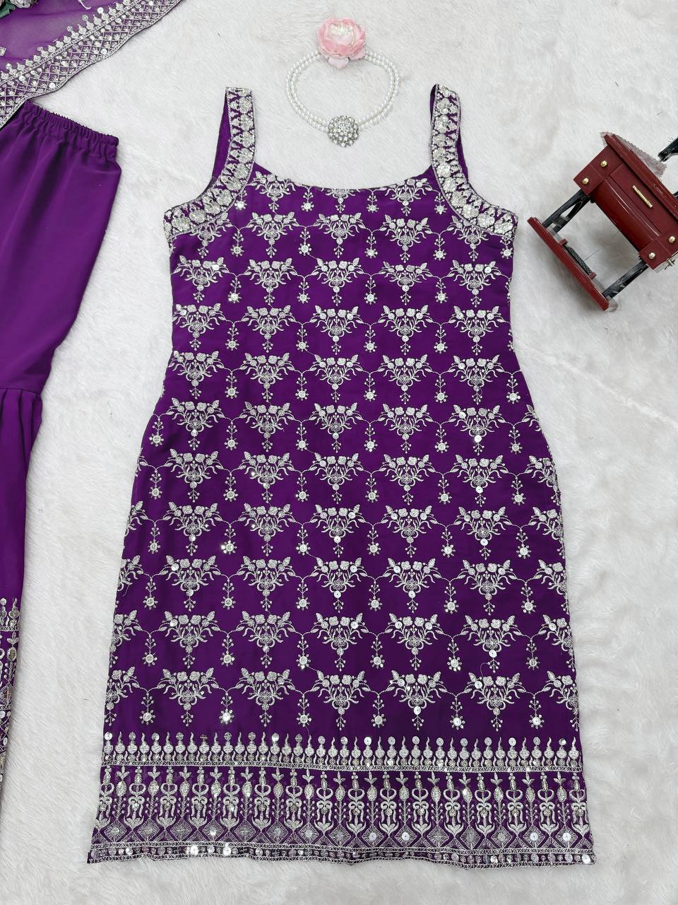 Sangeet Wear Purple Color Soft Faux Georgette Thread Embroidery With Sequins Work Sharara Suit