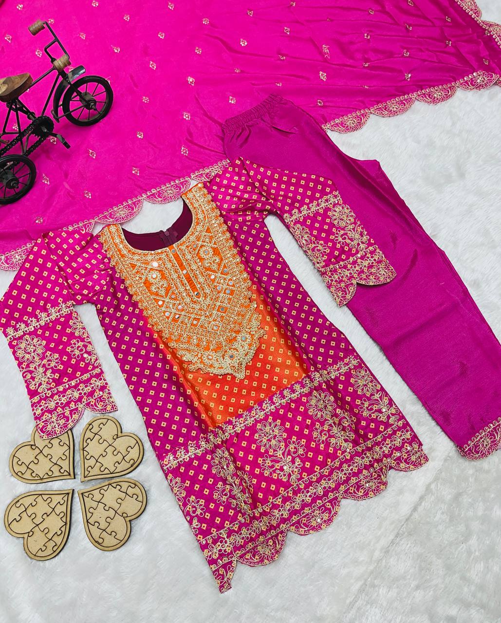 Designer Pink Color Pure Chinnon With Heavy Embroidery Coding Dori-Sequence Work Top-Bottom And Dupatta Set Fully Stitched