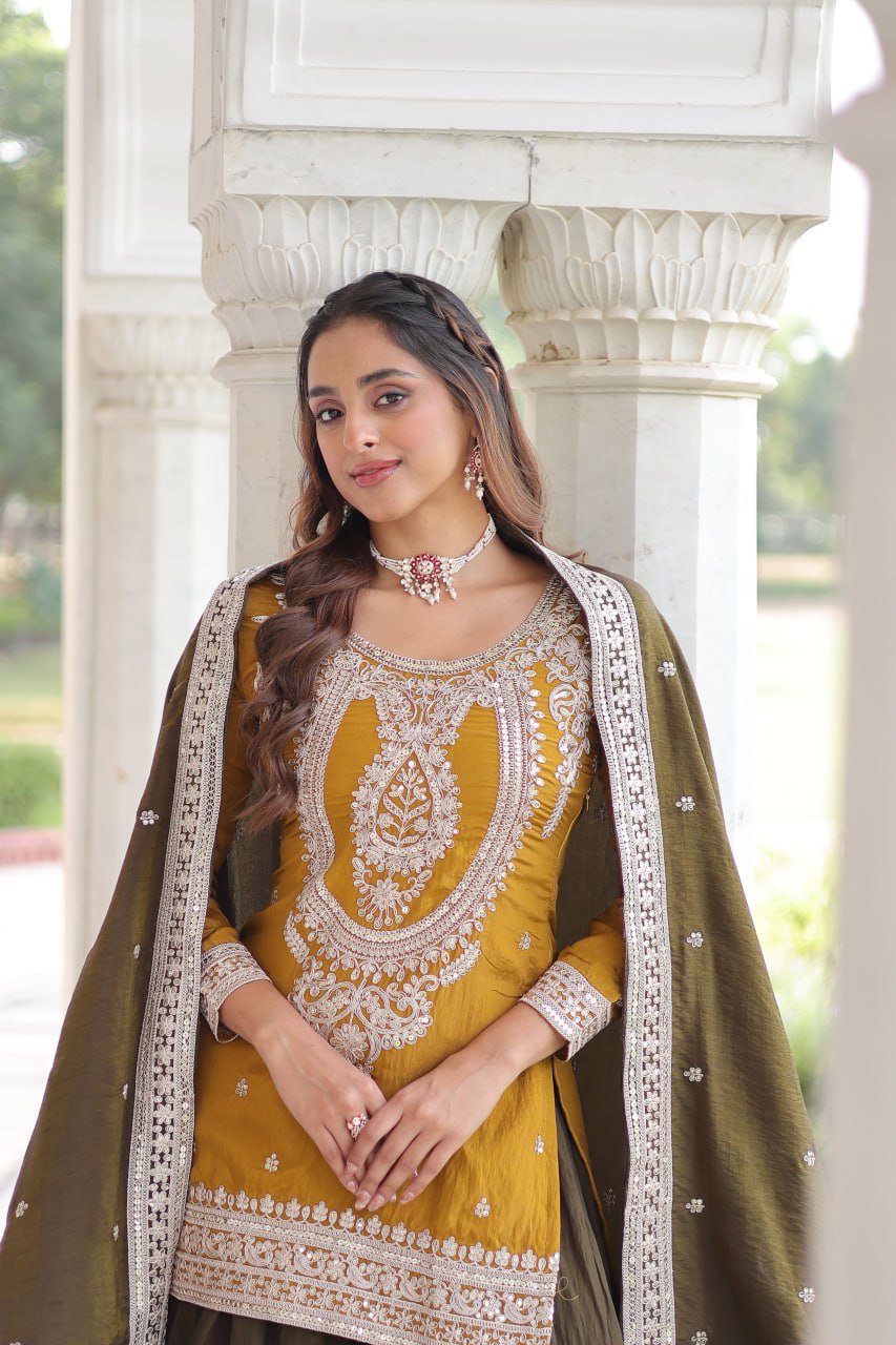 Fantestic Mustard And Green Color Embridered Sharara Suit Set