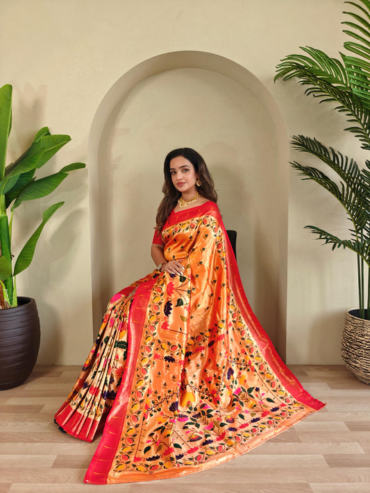Wonderful Paithani Silk Orange Color Saree