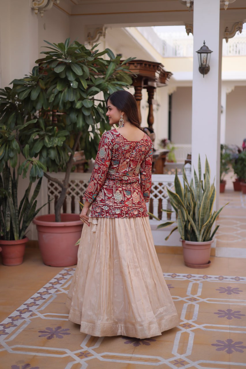 Occasion Wear Maroon Color Jacquard Top With Lehenga Choli Set