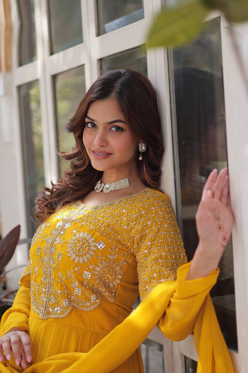 Wedding Wear Yellow Color Faux Blooming Georgette With Attractive Embroidered Work Designer Gown