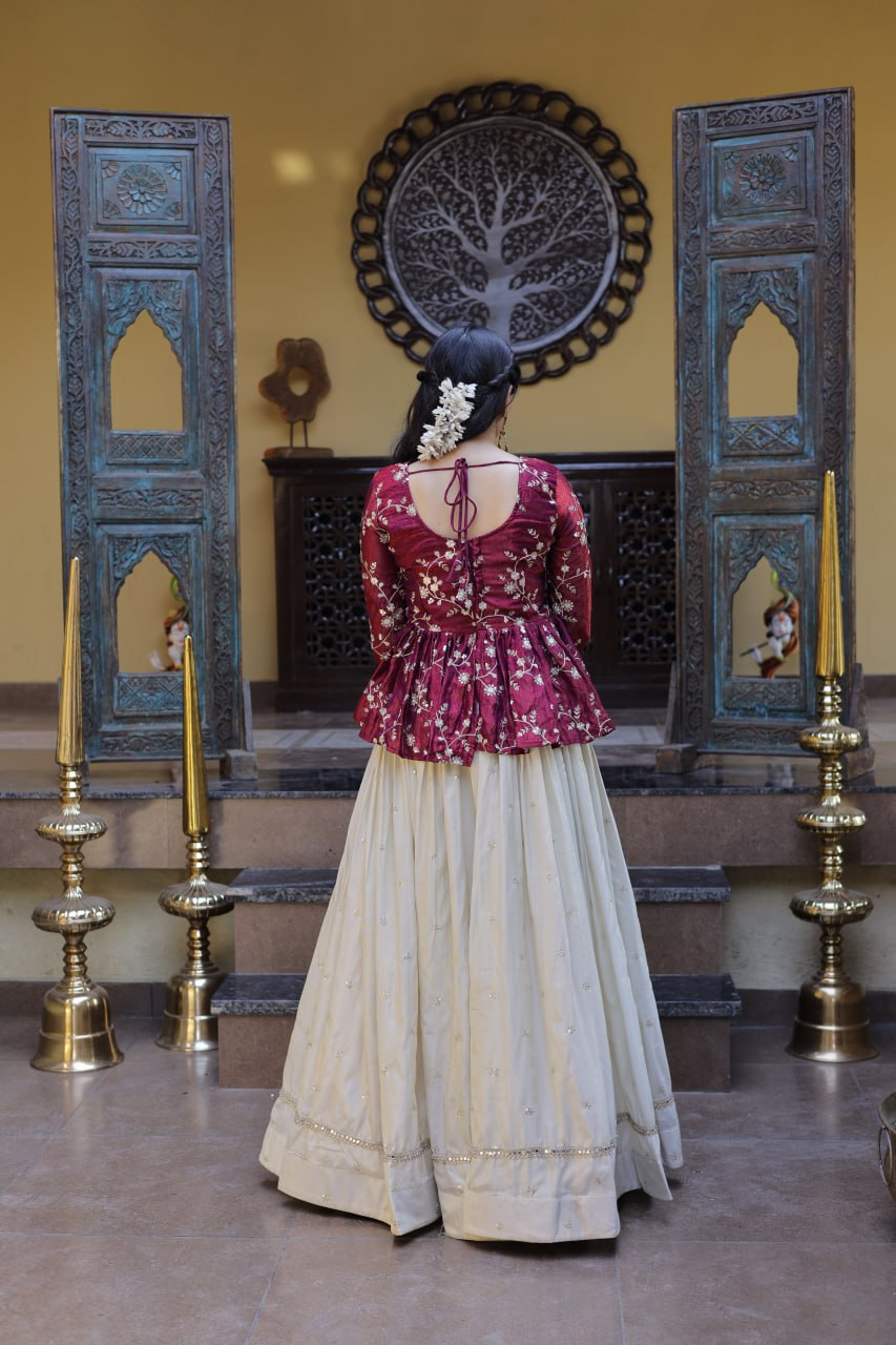 Shining Pink Color Zari Embroidered Top With Lehenga