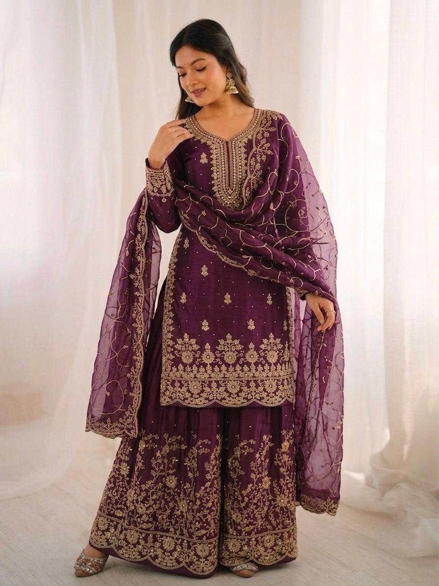 Arti Chauhan Wear Wine Color Embroidery Sequence Work Palazzo Suit