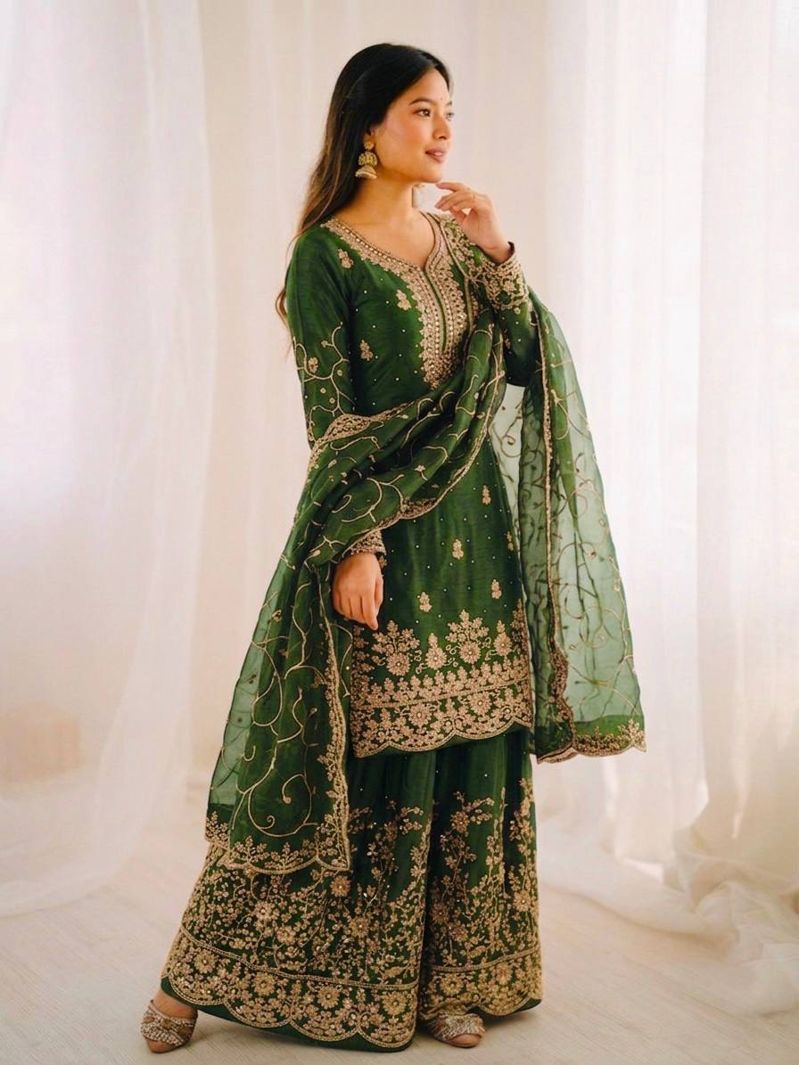 Arti Chauhan Wear Green Color Embroidery Sequence Work Palazzo Suit